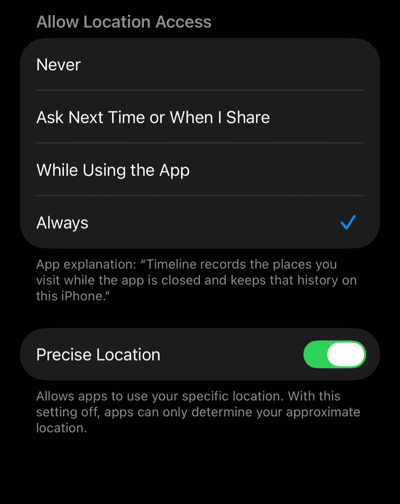 Step 4: an app's location settings, with Always highlighted and Precise Location turned on below