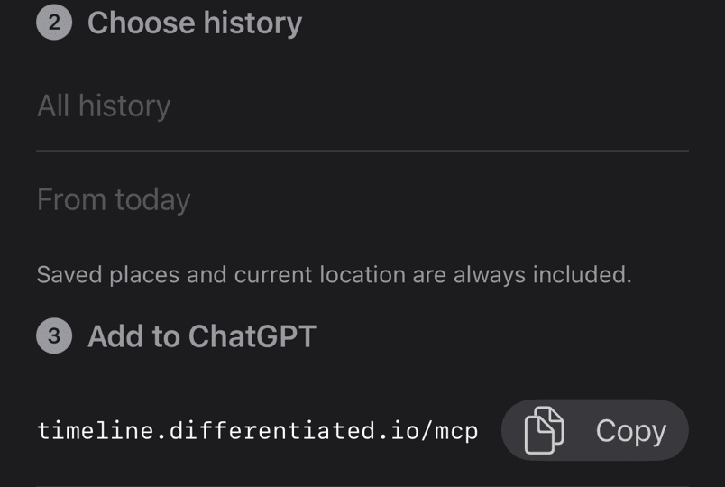 Step 4: the ChatGPT setup screen, with the Copy button next to the server address highlighted