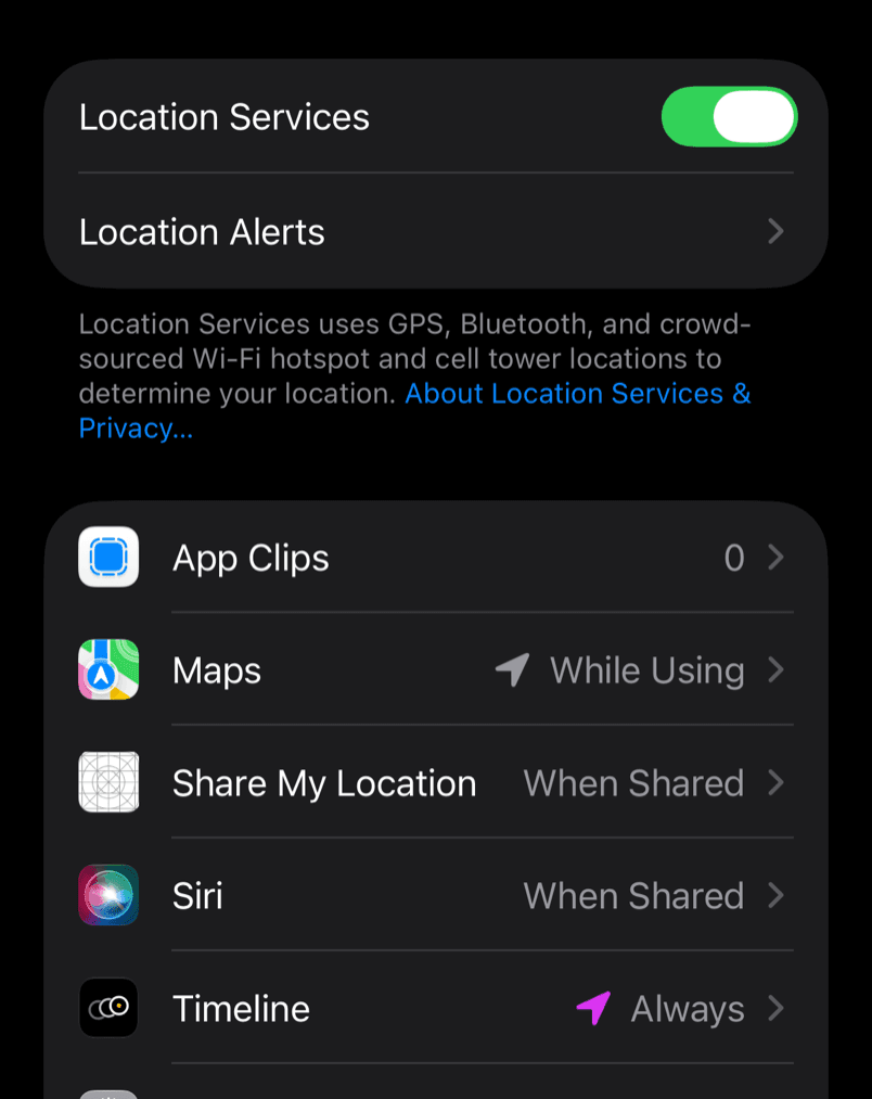 Step 2: Location Services, with the Location Services switch at the top highlighted