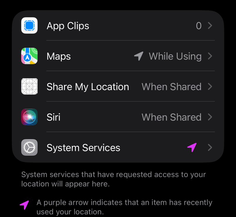 Step 3: Location Services, with System Services highlighted at the end of the list